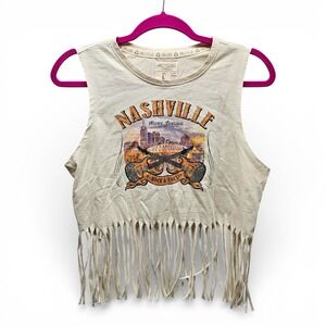 Recycled Threads Nashville Music Festival Tank Top Women Large Cream Fringe Rock